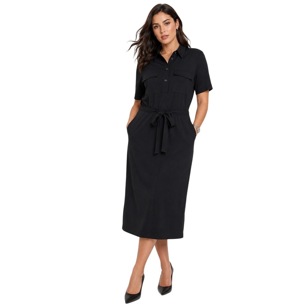St John Shirt‎ Dress Black Midi Short Sleeve Safari Utility Belted Office Sz L